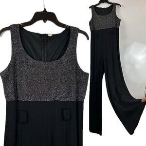 1990s Black Silver Metallic Sleeveless Jumpsuit / Women’s Medium *